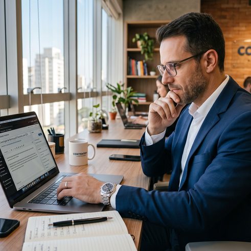 Imagem de um homem escrevendo um conteúdo para um site